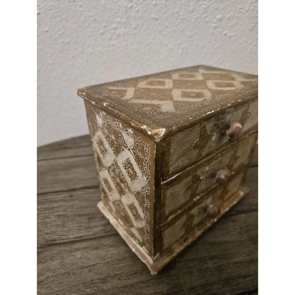 VINTAGE ITALIAN FLORENTINE JEWELRY BOX CHEST 3 DRAWER Gold Cream Pink 6.5
